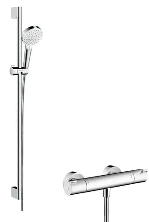 Hansgrohe Duschsystem mit Handbrause, regulierbarem Thermostat und Vertikalstange in chromfarbenem Design. Schlichte Montage für Badezimmer.